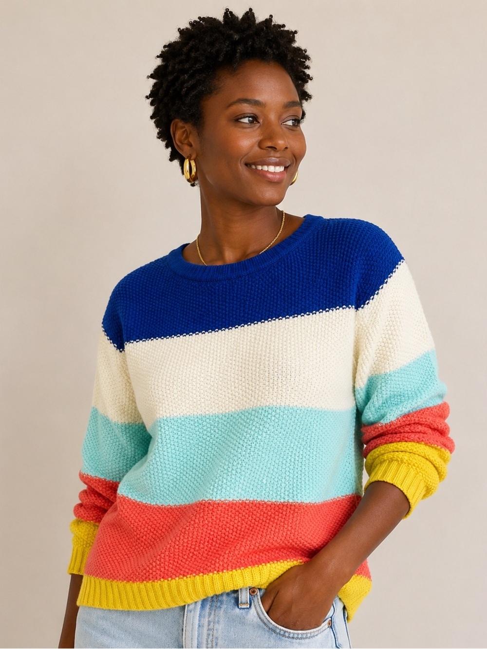 St. John’s Bay Petite Small Colorblock Striped Cotton Knit Sweater